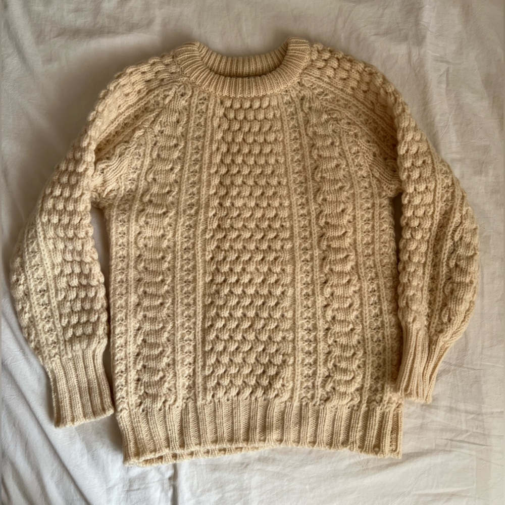 1970s Handmade Malinmor Irish Wool Cream Cable-Knit Sweater, Size XS/S